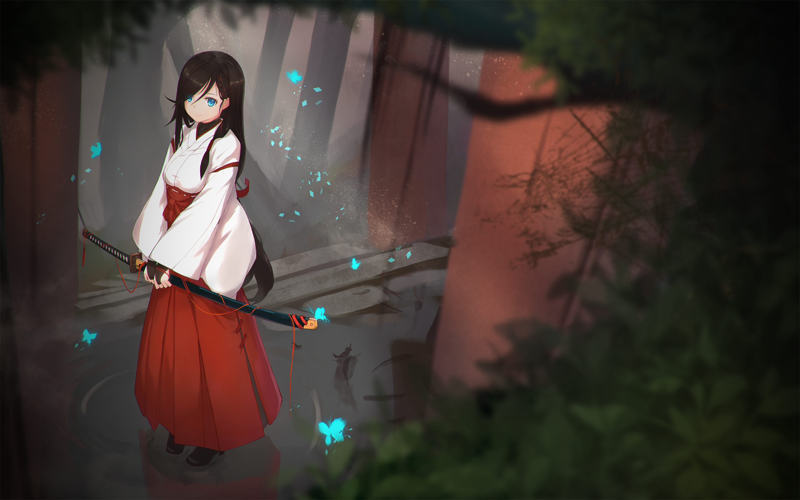 anime-girl-miko-butterflies-katana-shrine-brown-hair