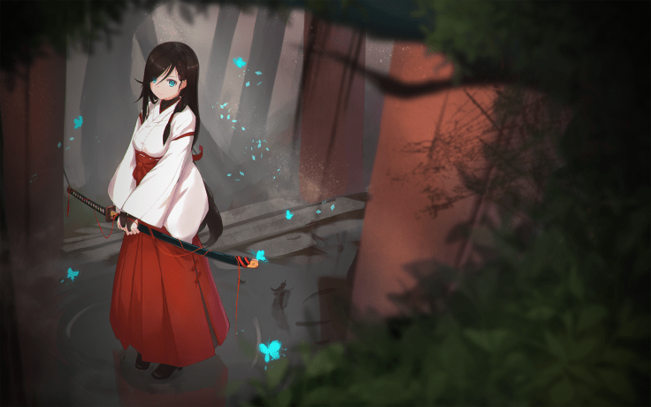 anime-girl-miko-butterflies-katana-shrine-brown-hair